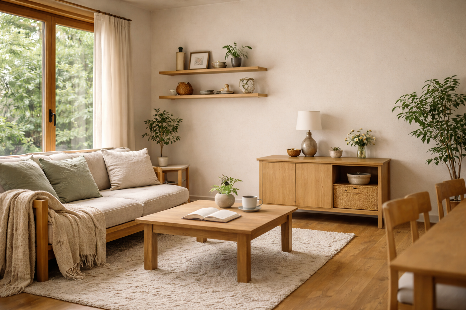 家具や植物が馴染むリビング（余白のある家のイメージ）